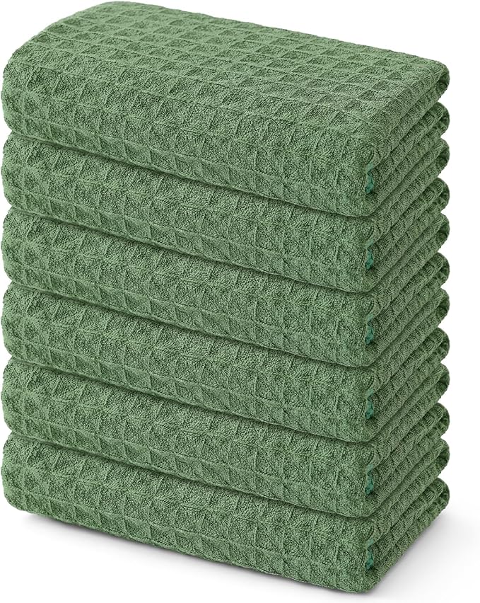 Homaxy Microfiber Waffle Weave Kitchen Towels, 16 x 28 Inch Ultra Absorbent and Solid Color Dish Towels, 6 Pack, Grass Green