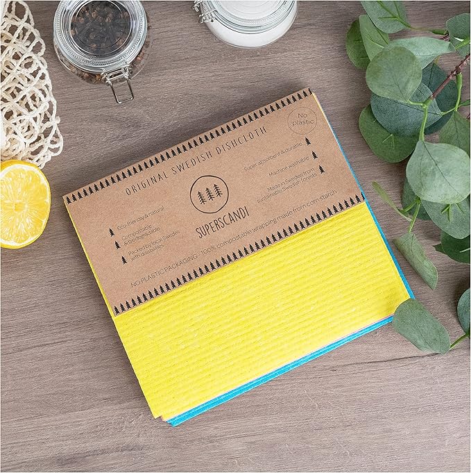 SUPERSCANDI 6 Pack Swedish Dishcloths for Kitchen - 100% Biodegradable & Compostable Reusable Paper Towels Washable, Food-Safe & Without Plastic - Dish Rags Suitable for Any Surface, Yellow