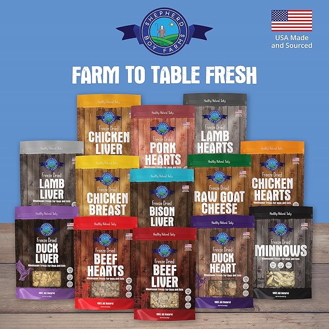 Shepherd Boy Farms Freeze Dried Dog and Cat Treats, Duck Heart, All Natural Freeze-Dried Dog Treat & Snack, Made in USA, High in Protein, Essential Nutrition of Raw Food, Single Ingredient 3oz