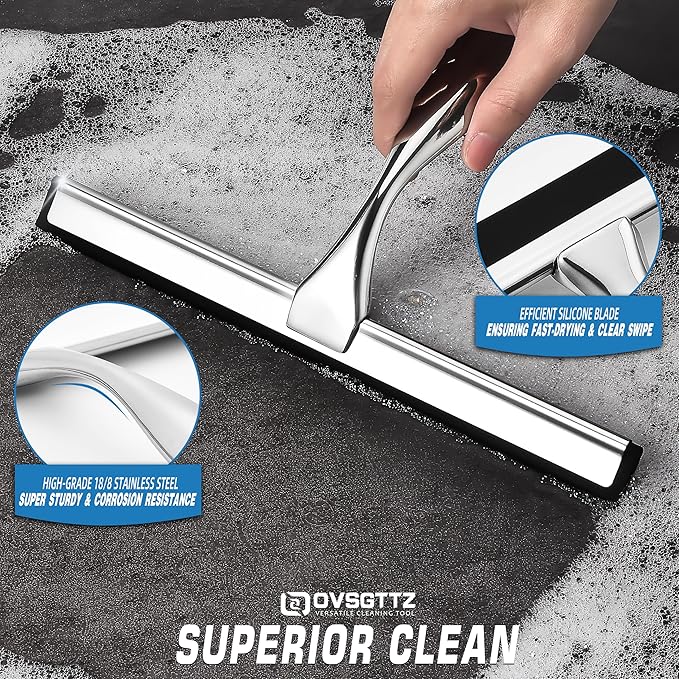 OVSGTTZ Shower Squeegee for Glass Door with 3 Adhesive Hook, Stainless Steel Glass Cleaning Squeegee for Bathroom & Household Window, Mirrors, Tiles and Car, 10 Inches, Clear, Silver