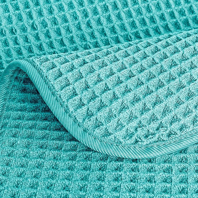 POLYTE Microfiber Lint Free Hand Towel, 16 x 30 in, 4 Pack (Aqua, Waffle Weave)