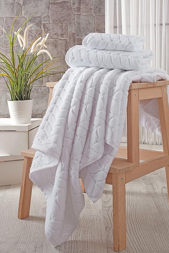 BAGNO MILANO Turkish Bath Towels, Soft Plush Jacquard Luxury Bath Towels, Quick Dry Towel Set (White, 3 pcs Towel Set)