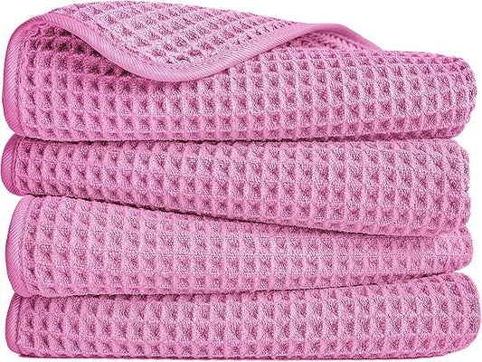 POLYTE Microfiber Lint Free Hand Towel, 16 x 30 in, 4 Pack (Pink, Waffle Weave)