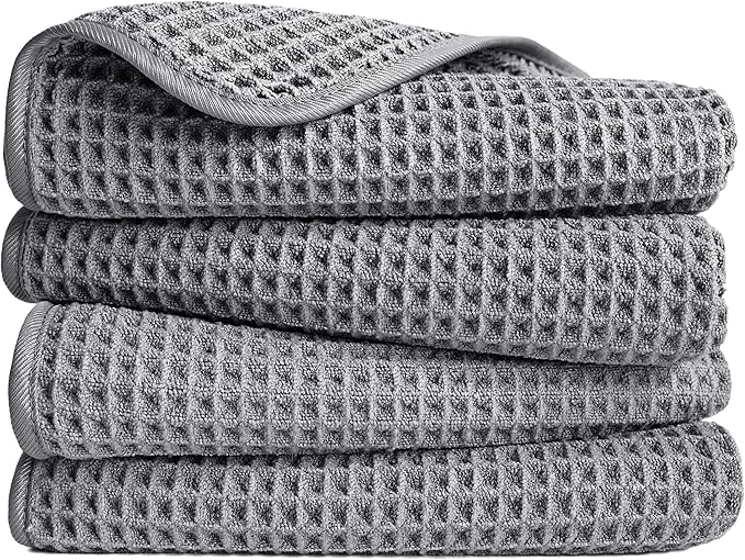 POLYTE Microfiber Lint Free Hand Towel, 16 x 30 in, 4 Pack (Gray, Waffle Weave)
